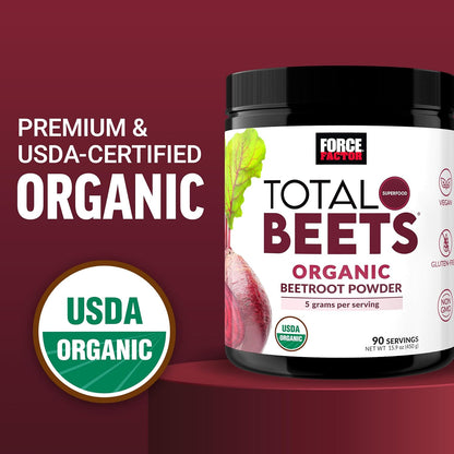 Force Factor Total Beets Organic Beet Root Powder Superfood, Non-GMO | Boost Daily Nutrition, USDA Organic, Vegan, Gluten-Free, and Beet Supplement, Unflavored, 90 Servings