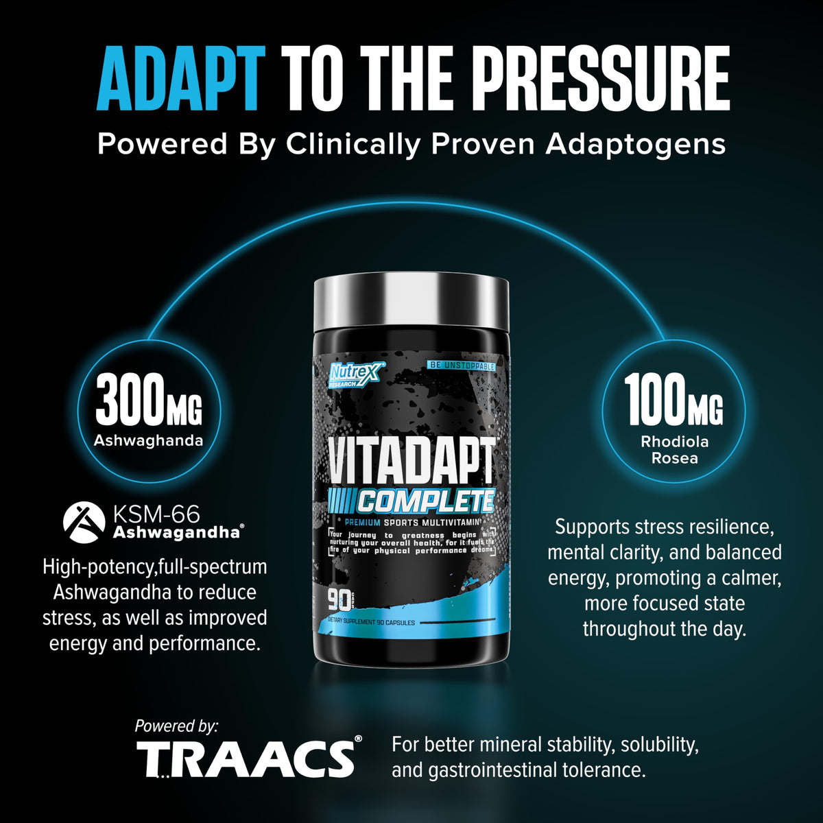 Nutrex Research Vitadapt Complete Sports Multivitamin for Men - 24 Vitamins, KSM-66 Ashwagandha and Minerals for Athletes - Mens Multivitamin (90 Capsules)