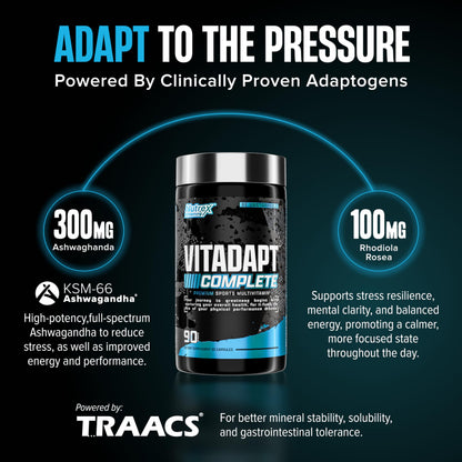 Nutrex Research Vitadapt Complete Sports Multivitamin for Men - 24 Vitamins, KSM-66 Ashwagandha and Minerals for Athletes - Mens Multivitamin (90 Capsules)
