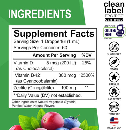 Zeolite Detox for Kids Liquid Drops - Advanced Clinoptilolite with Pure Vitamins B12 & D - Kids Gentle Body Daily Cleanse Focus & Speech Extra Clinoptilolite Zeolite Drops Detox Cleanse Supplement 2oz