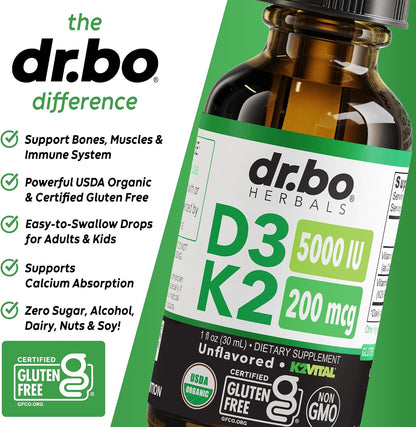 Vitamin D3 K2 Liquid Drops - Organic D3K2 Vitamin D3 K2 Drops Liquid Supplement MCT Oil for Adults & Kids, Calcium Absorption Strong Bones - Vit D and K 5000 IU Supplements, Vitamins D + K MK7 1 Fl Oz
