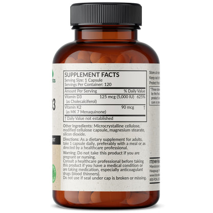 Futurebiotics Vitamin K2 (MK7) with D3 Supplement - Non-GMO Formula - 5000 IU Vitamin D3 & 90 mcg Vitamin K2 MK-7, 120 Vegetarian Capsules