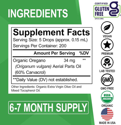 Oregano Oil Organic Liquid Drops - 6 Month Supply Organic Oil of Oregano Drops Liquid Tincture Extract, Cleanse, Detox, Immune Support, Digestive Gut Health - Pure Vegan Non-GMO Herbal Tincture 1 oz