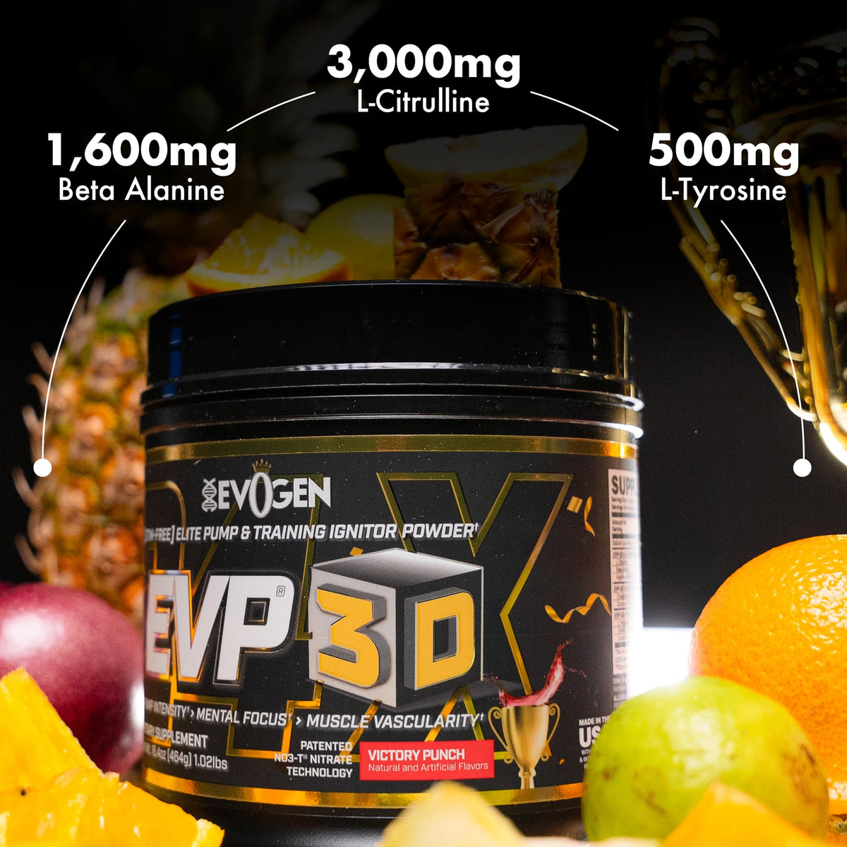 Evogen EVP 3D Stim Free Pre-Workout | Citrus Candy | 40 Servings | Arginine nitrate, L-citrulline, beta-alanine and creatine with lion's mane, L-tyrosine and DMAE for pumps and focus