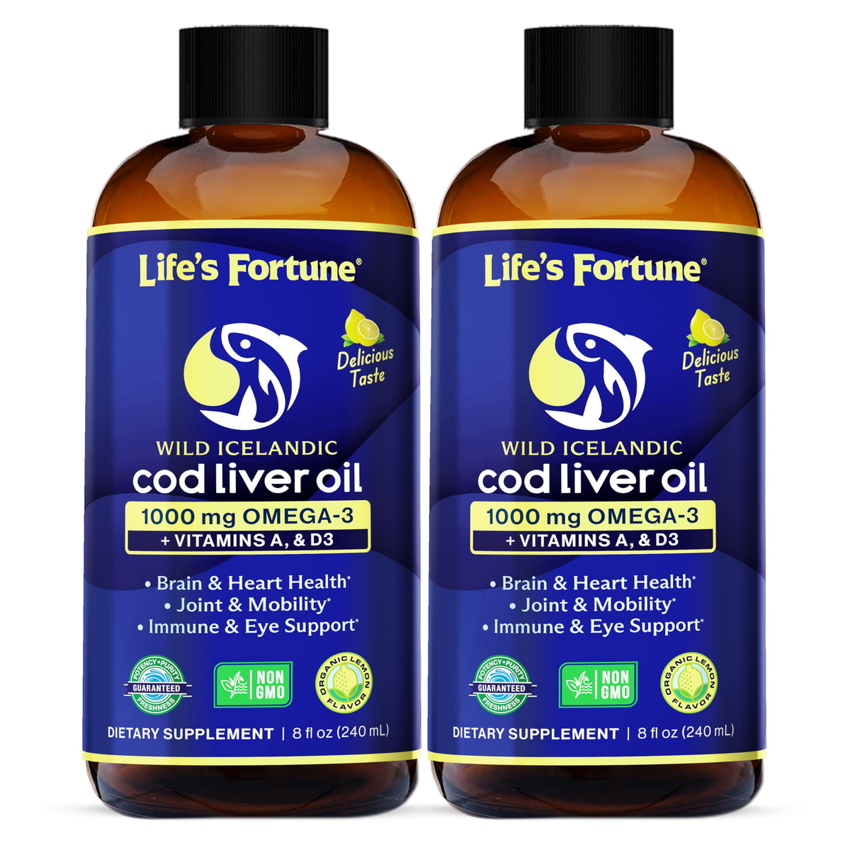 Life's Fortune Cod Liver Oil Liquid Lemon Flavor Organic Supplement with DHA, EPA 1000 mg High Potency Omega-3s + Vitamin A, E & D3 - Supports Immune, Joints, Eyes, 16 Fl Oz (Pack of 1)
