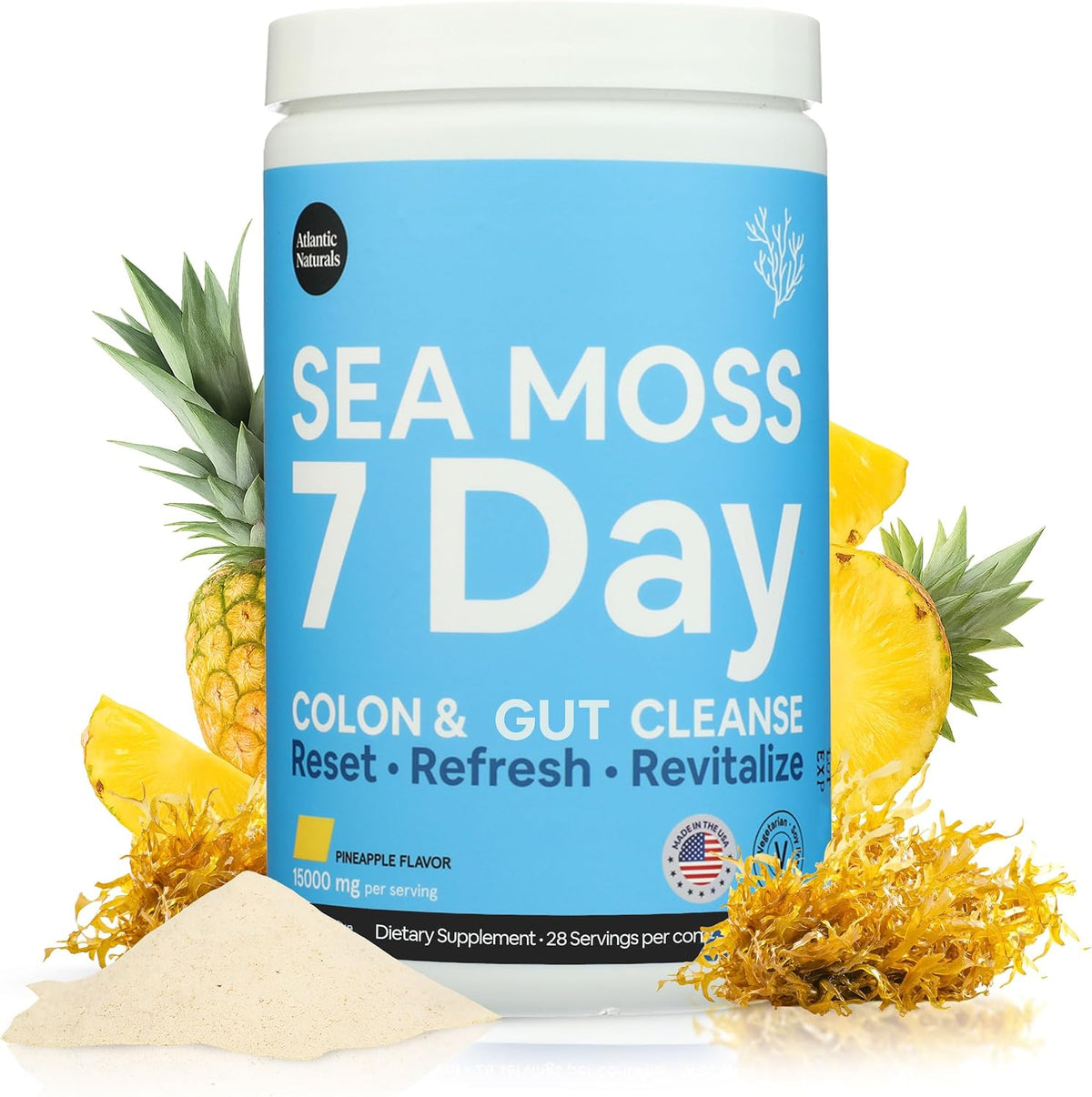 Atlantic Naturals 7 Day Whole Body Cleanse – Detox Drink Mix with Sea Moss, Psyllium Husk Fiber, Flaxseed & MSM – Colon, Debloat & Digestive Support for Women & Men – Pineapple Flavor, 14 oz