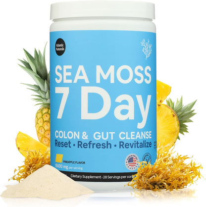 Atlantic Naturals 7 Day Whole Body Cleanse – Detox Drink Mix with Sea Moss, Psyllium Husk Fiber, Flaxseed & MSM – Colon, Debloat & Digestive Support for Women & Men – Pineapple Flavor, 14 oz