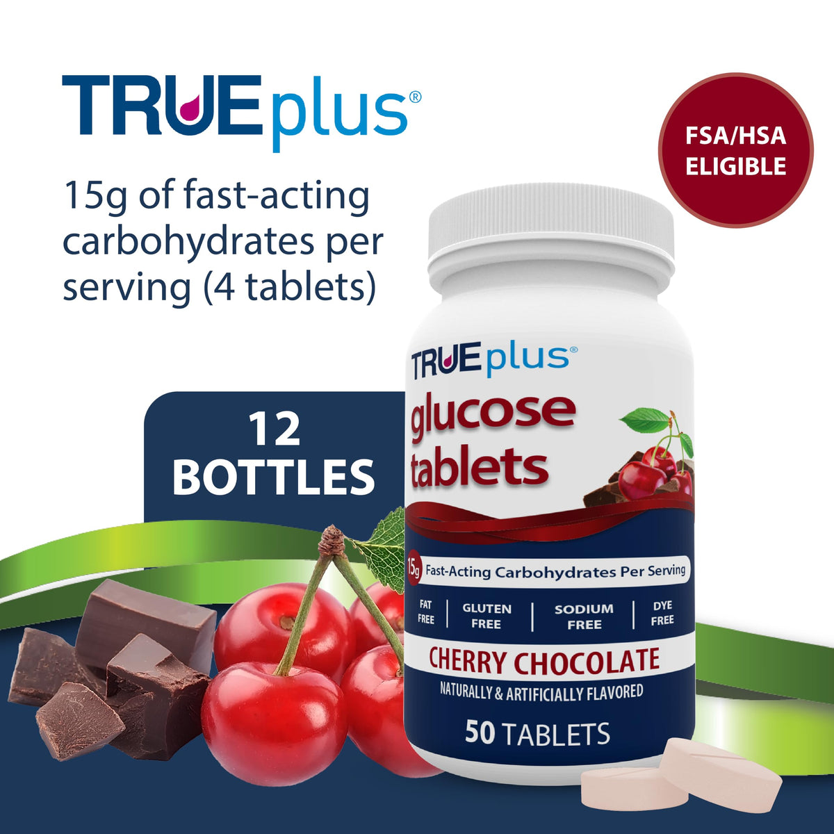 TRUEplus Glucose Tablets, Grape, Raspberry, Orange Flavors, 50 Count | Chewable Tablets, 15g Fast-Acting Carbohydrates, Fat Free, Gluten Free, Boosts Energy, Great Tasting and Easy to Use