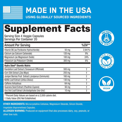 SteelFit Hydra Steel, Diuretic Water Pills Supplement - 80 Count | Dandelion & Added Electrolytes - Boost Water Weight Loss for Enhanced Muscle Definition - Water Retention & Bloat Relief