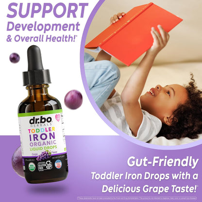 Iron Supplement for Toddlers & Kids - Organic Liquid Iron Drops for Kids, Toddler, Baby, Infant, Toddlers Supplements Ages 1-3 - Organic Vegan Toddler Liquid Drops Supplement, Gluten Free, Non-GMO 2oz