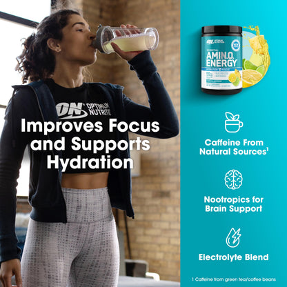Optimum Nutrition, Amino Energy Powder Plus Focus, with Bcaa, Electrolytes, and Caffeine, Watermelon, 30 Servings | Contains BCAAs, Electrolytes, 100 mg Caffeine, 5g Amino Acids, Zero Sugar, Supports Hydration, Banned Substance Tested