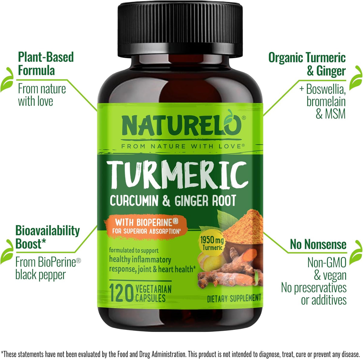 NATURELO Turmeric Curcumin - BioPerine for Better Absorption - Black Pepper, Ginger Root, Curcuminoids - Plant-Based Joint Discomfort Support - 120 Vegan Capsules (Pack of 2)