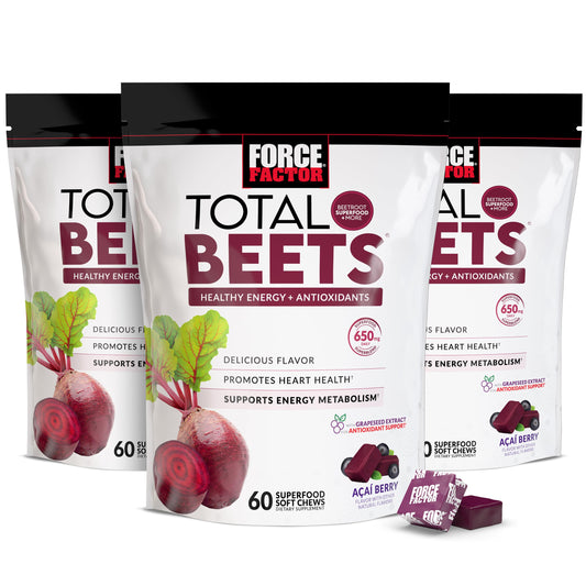 Force Factor Total Beets Soft Chews Heart Health Superfood with Beetroot | with Beet Root Powder & B Vitamins to Support Nitric Oxide, Healthy Energy Supplement, 60 Chews