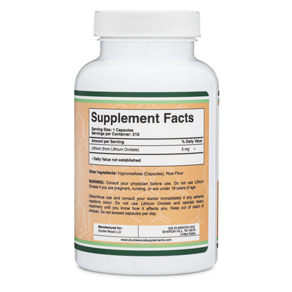 Lithium Orotate 5mg of Elemental Lithium for Cognition and Brain Health, 210 Capsules (Third Party Tested, Vegan Safe, Non-GMO) by Double Wood Supplements