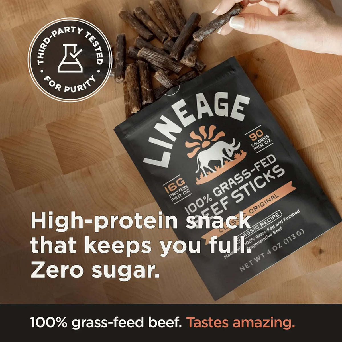 Lineage Provisions Grass Fed Beef Sticks, 3-Pack | Ancestral recipe with 16g protein per oz, air dried high protein snack for energy and everyday snacking.