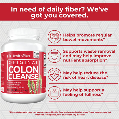 Health Plus Colon Cleanse Daily Psyllium Husk Fiber, 48 oz, 194 Servings | All-natural daily fiber; supports the body's natural detoxification processes, may reduce bloating, and promotes wellness