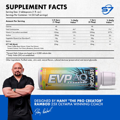 Evogen EVP AQ Liquid Glycerol | Muscle Volumizer | Unflavored | 16 Fl Oz | S7 nitric oxide blend with betaine anhydrous for pumps, vascularity, fullness and hydration; low-stim and clean