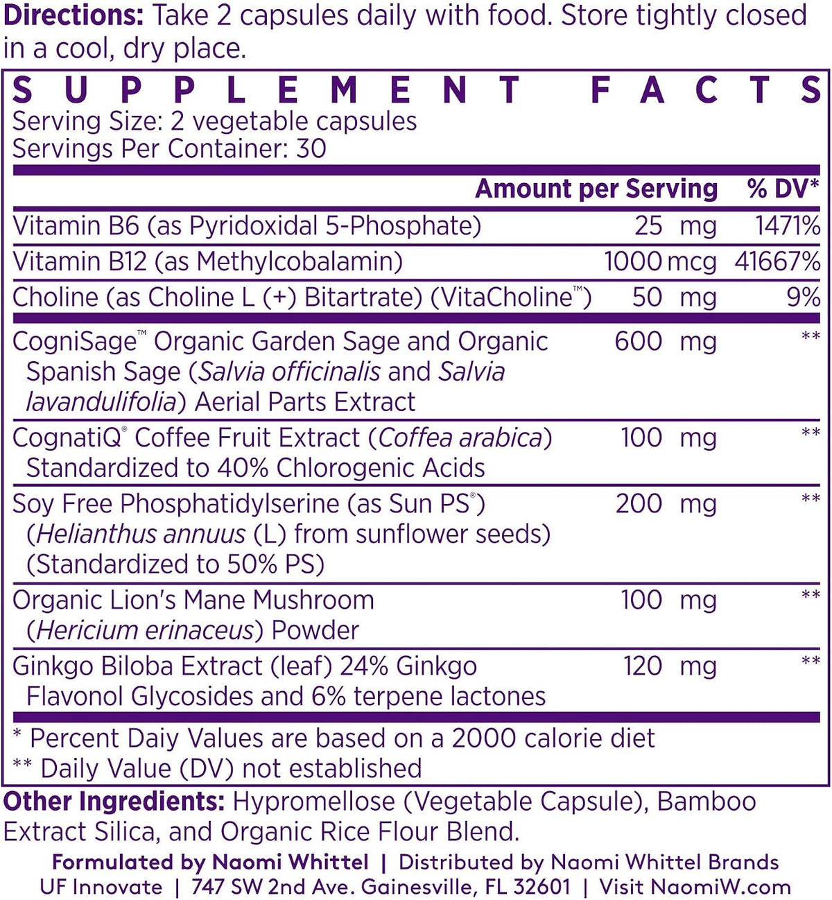NAOMI BrainSpan™ with BDNF Support - Supports Working Memory, Focus & Concentration - CogniSage™, CognatiQ®, Lion Mane, Phosphatidylserine, Ginkgo Biloba, B6 & B12, Non-GMO, 30-Day Supply