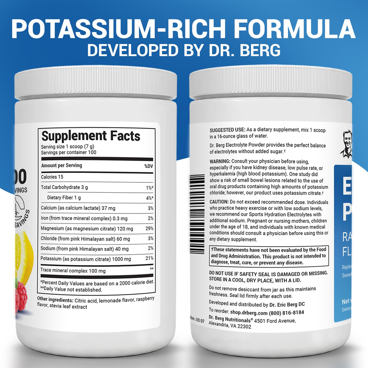 Dr. Berg Zero Sugar Hydration Keto Electrolyte Powder - Enhanced w/ 1000 mg of Potassium & Real Pink Himalayan Salt (NOT Table Salt) - Raspberry & Lemon Flavor Hydration Drink Supplement, 100 Servings