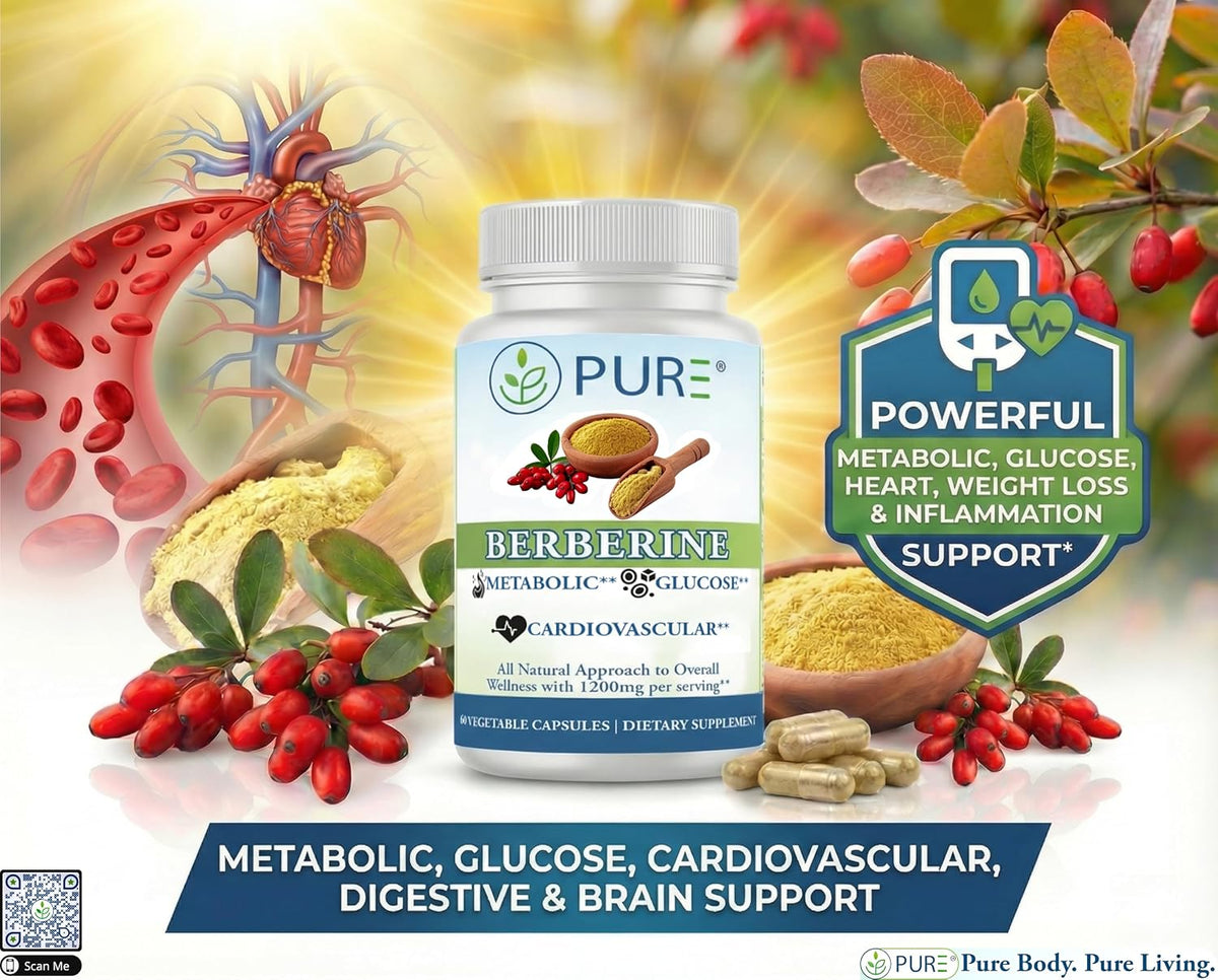 PURE® Berberine Supplement, 1200mg, Metabolic, Glucose, Cardio, 60 Capsules, 30 Servings, 1-Month Supply, Plant-Based Dietary Supplement