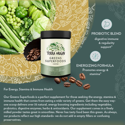 TERRA ORIGIN Superfoods Greens Blend | Organic Vegetable Supplement with Tumeric, Milk Thistle, Green Tea, Chlorella | Non-GMO, Gluten-Free, Vegan | Coffee | 30 Servings