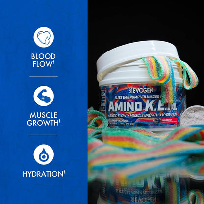 Evogen EVP 3D Amino K.E.M. Bundle – Stim Free Pre Workout Powder & EAA/BCAA Pump Volumizer for Muscle Growth, Hydration & Performance | Sour Candy