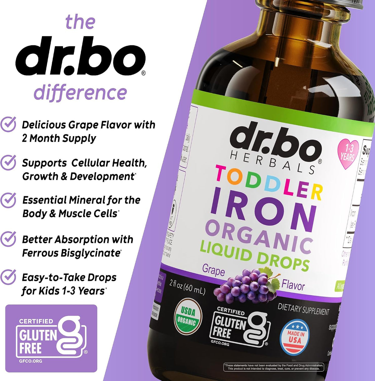 Iron Supplement for Toddlers & Kids - Organic Liquid Iron Drops for Kids, Toddler, Baby, Infant, Toddlers Supplements Ages 1-3 - Organic Vegan Toddler Liquid Drops Supplement, Gluten Free, Non-GMO 2oz