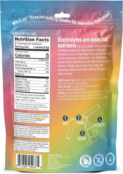Organika Daily Electrolytes Powder Variety Pack with Vitamin C & Prebiotic Fiber – 21 Single-Serve Sachets (Lemonade, Raspberry, Pineapple Passion Fruit), Sugar-Free, Caffeine-Free