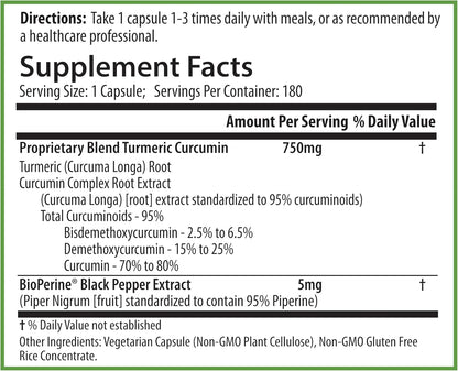 PURE® Turmeric Curcumin 750 mg - 180 Vegetable Capsules - Standardized to 95% Curcuminoids with BioPerine Black Pepper Extract - Antioxidant & Metabolic Support - Non-GMO, Made in USA
