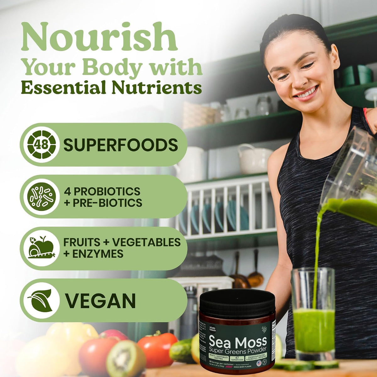 Atlantic Naturals Sea Moss Super Greens Powder – Organic Green Superfood Drink Mix with Fruits, Veggies & Probiotics – Energy, Digestion & Immune Support – 5000mg, Mixed Flavor