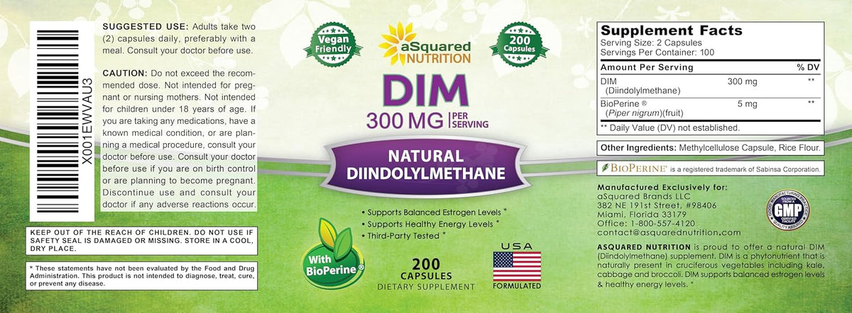 aSquared Nutrition DIM Supplement 300mg Per Serving Plus BioPerine - 200 Veggie Capsules - Diindolylmethane DIM Max Strength Pills to Support Estrogen Metabolism & Balance, Menopause, Hormonal Acne