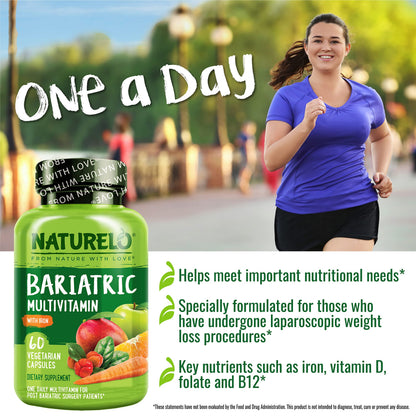 NATURELO Bariatric Multivitamin - One Daily with Iron - Supplement for Post Gastric Bypass Surgery Patients - Natural Whole Food Nutrition - 60 Veggie Capsules (Pack of 2)