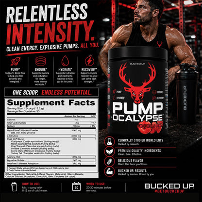 Pump-ocalypse Blood Raz | Nitric Oxide and L Arginine Supplement with Citrulline Malate, GlycerPump | Ultimate N.O. Booster | Lean Muscle Support for Blood Flow, Vascularity, Hydration and Endurance