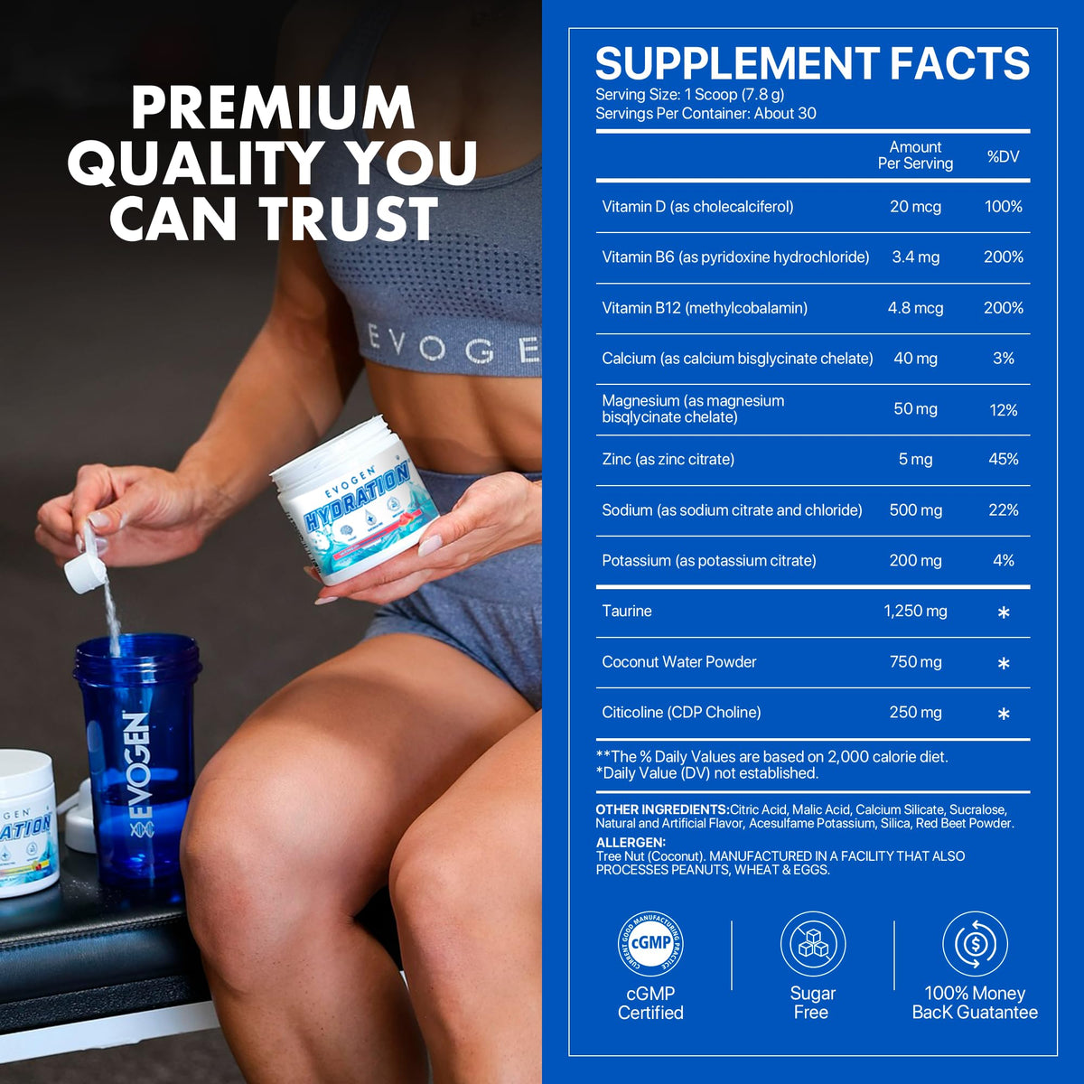 Evogen Hydration Sugar-Free Electrolytes | Lemon Lime | 30 Servings | Potassium, magnesium, sodium, calcium and coconut water with citicoline, taurine and B vitamins for energy and focus