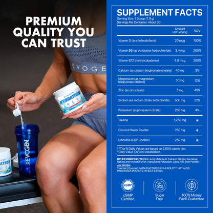 Evogen Hydration Sugar-Free Electrolytes | Lemon Lime | 30 Servings | Potassium, magnesium, sodium, calcium and coconut water with citicoline, taurine and B vitamins for energy and focus