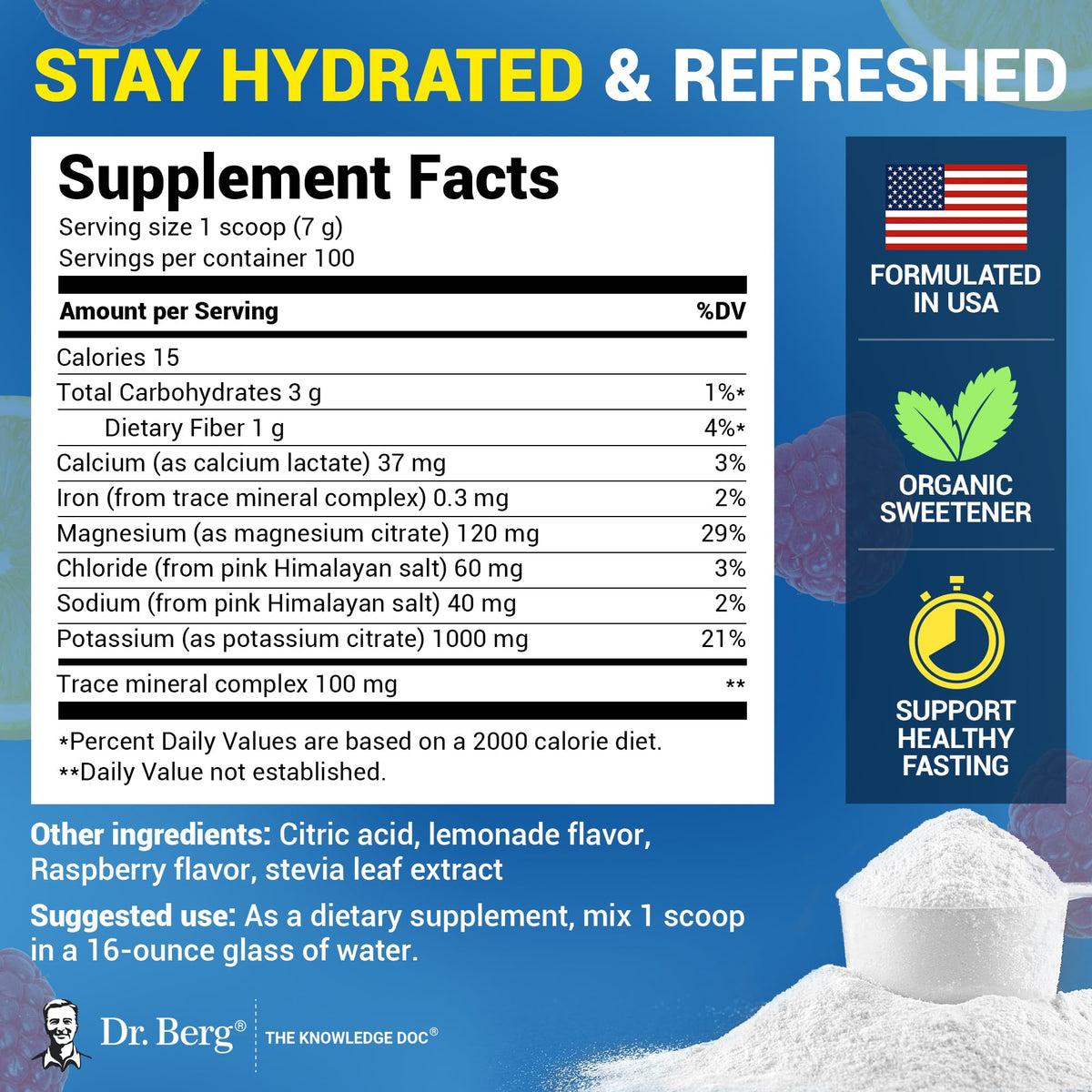 Dr. Berg Zero Sugar Hydration Keto Electrolyte Powder - Enhanced w/ 1000 mg of Potassium & Real Pink Himalayan Salt (NOT Table Salt) - Raspberry & Lemon Flavor Hydration Drink Supplement, 100 Servings