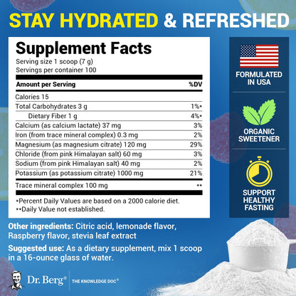Dr. Berg Zero Sugar Hydration Keto Electrolyte Powder - Enhanced w/ 1000 mg of Potassium & Real Pink Himalayan Salt (NOT Table Salt) - Raspberry & Lemon Flavor Hydration Drink Supplement, 100 Servings