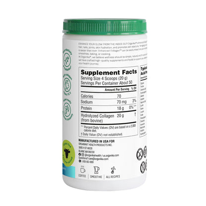 Organika Enhanced Hydrolyzed Collagen Peptides Powder: Easy Absorption Unflavored Collagen Powder for Skin, Hair, Nails, Joints, Muscles, & Gut - Keto, GMO-Free, Grass-Fed (1.1 Pounds)