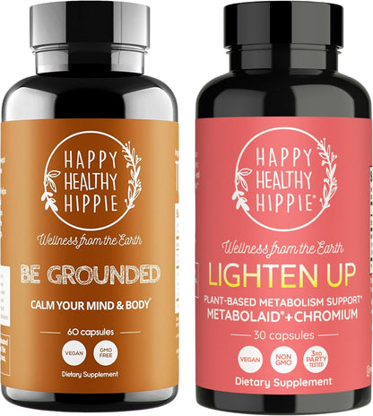 Happy Healthy Hippie Lighten Up Weightloss Supplement (Metabolaid™ + Chromium) & Be Grounded Stress Relief Supplements