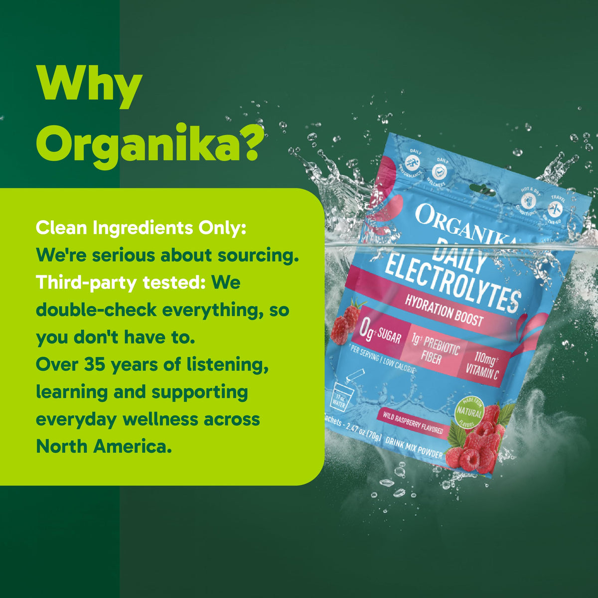 Organika Daily Electrolytes Powder Variety Pack with Vitamin C & Prebiotic Fiber – 21 Single-Serve Sachets (Lemonade, Raspberry, Pineapple Passion Fruit), Sugar-Free, Caffeine-Free
