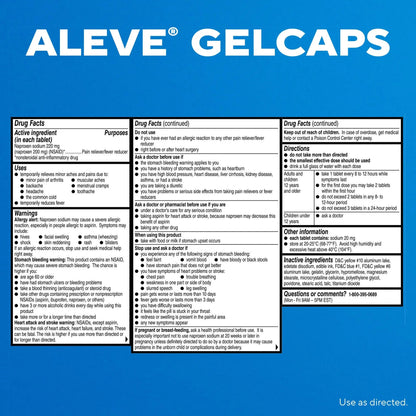 Aleve Pain Reliever & Fever Reducer Gelcaps, Naproxen Sodium, Headache and Back and Body Pain Relief Medicine, for Adults and Children Ages 12 and Up, 90 Count AleveBuy Supplements Australia