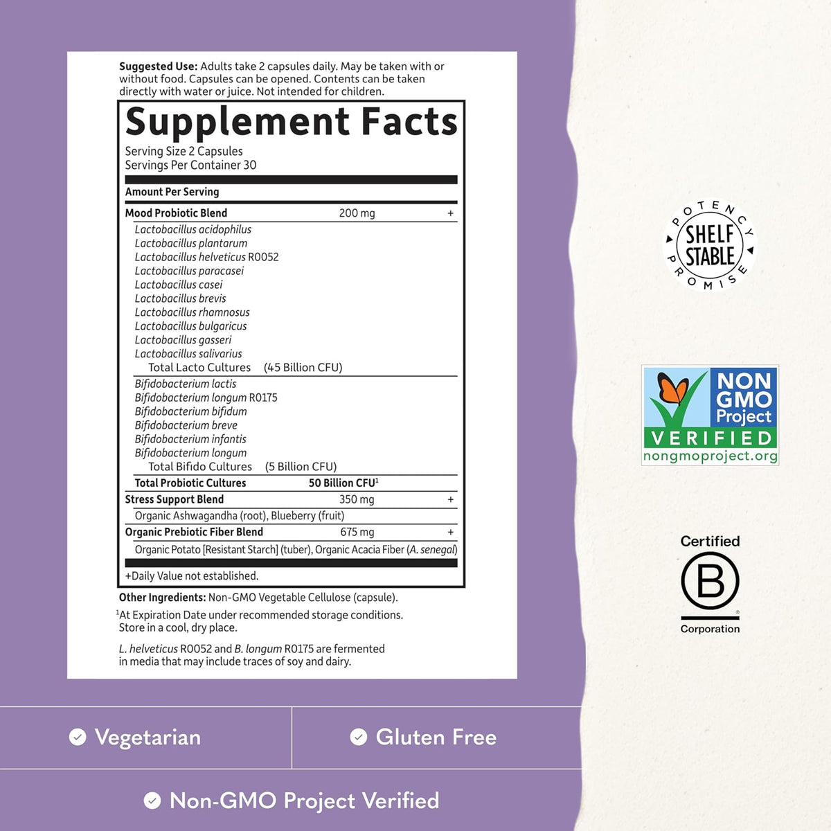 Garden of Life Probiotics Mood+ Dr Formulated Acidophilus Probiotic Supplement - Promotes Emotional Well-Being, Relaxation and Digestive Balance - Ashwagandha for Stress Management, 60 Veggie Caps