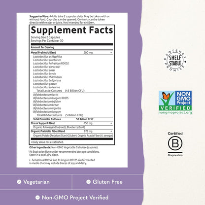 Garden of Life Probiotics Mood+ Dr Formulated Acidophilus Probiotic Supplement - Promotes Emotional Well-Being, Relaxation and Digestive Balance - Ashwagandha for Stress Management, 60 Veggie Caps