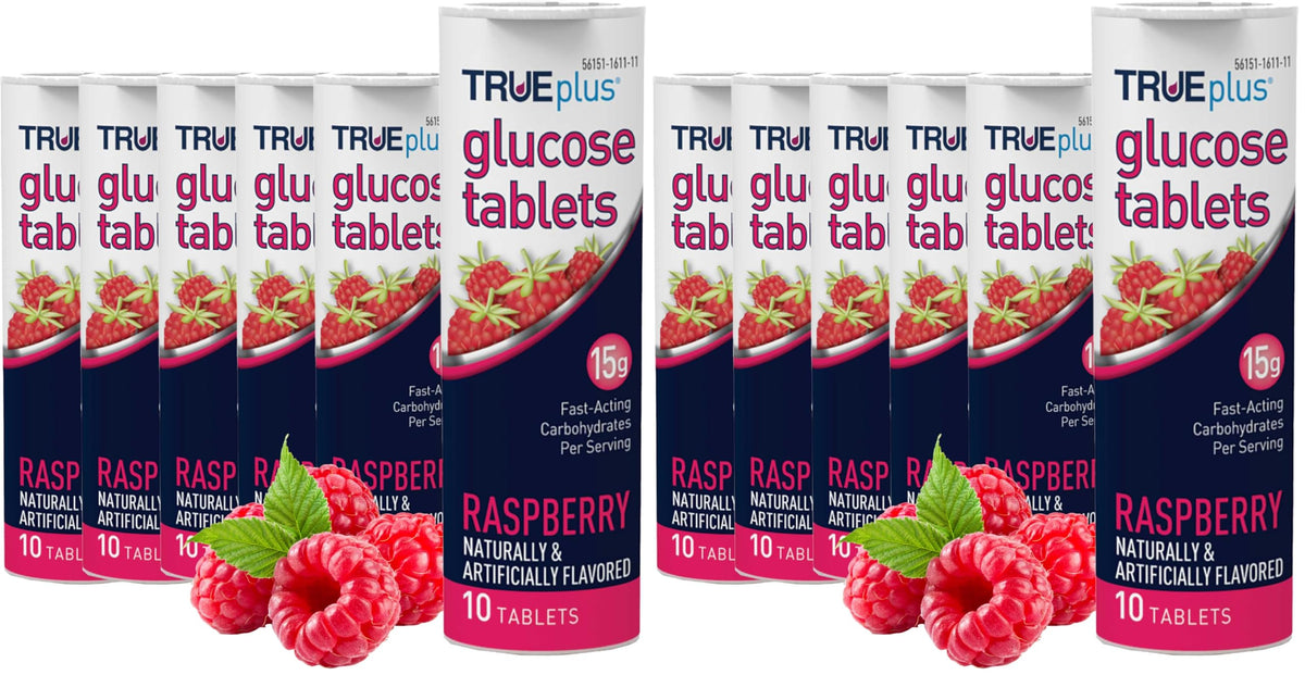 TRUEplus Glucose Tablets, Raspberry Flavor, 10 Count, 6 Tubes | Chewable Tablets, 15g Fast-Acting Carbohydrates, Fat Free, Gluten Free, Boosts Energy, Great Tasting and Easy to Use