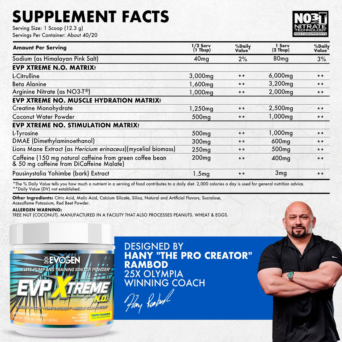 Evogen EVP Xtreme NO Pre-Workout for Men & Women | Sour Candy | 40 Servings | Arginine nitrate, L-citrulline, beta-alanine, creatine and coconut water; caffeine and yohimbe for energy and pumps