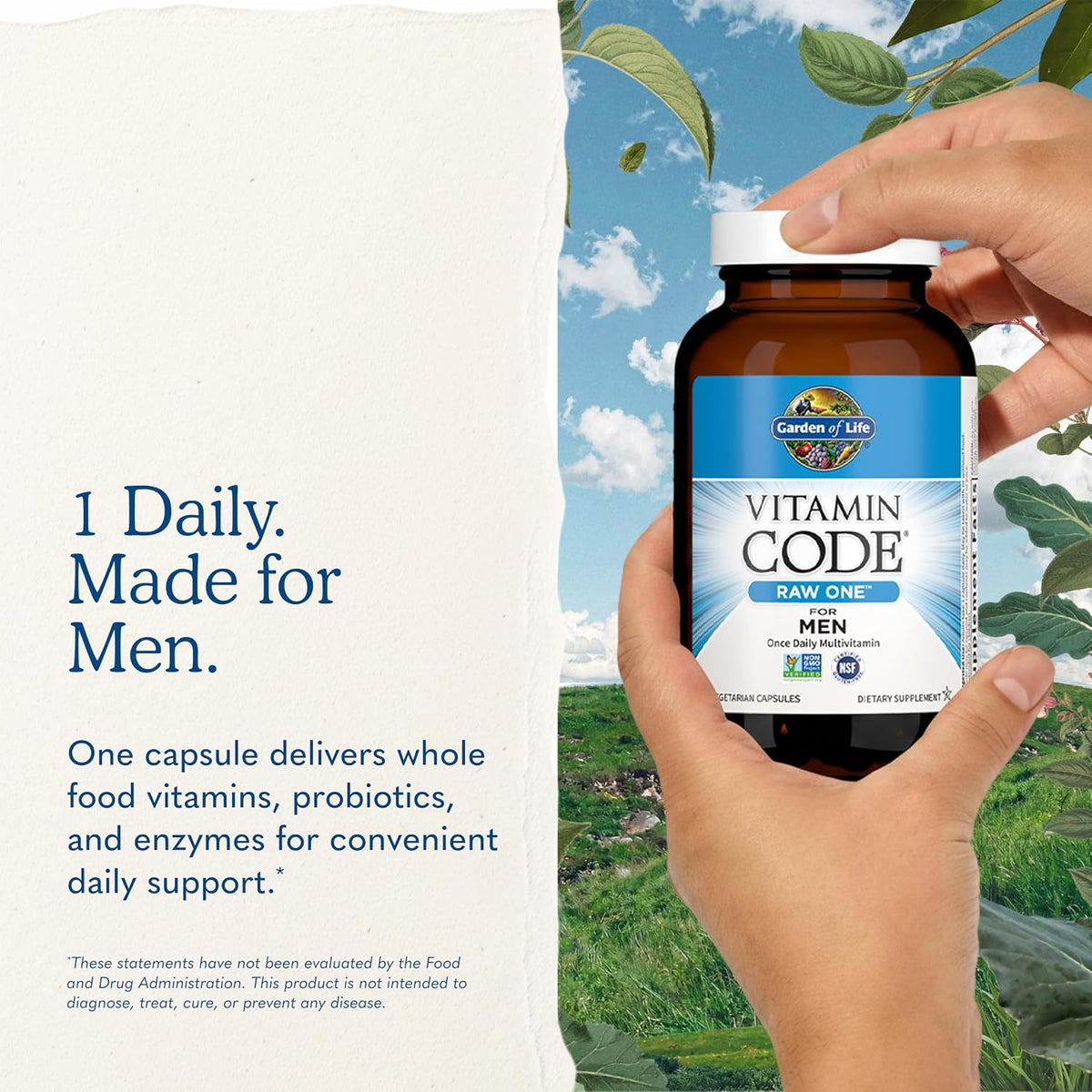 Garden of Life Vitamin Code Raw One for Men, Once Daily Multivitamin, 75 Capsules, One a Day Mens Vitamins plus Fruit, Veggies & Probiotics for Mens Health, Vegetarian Multivitamins