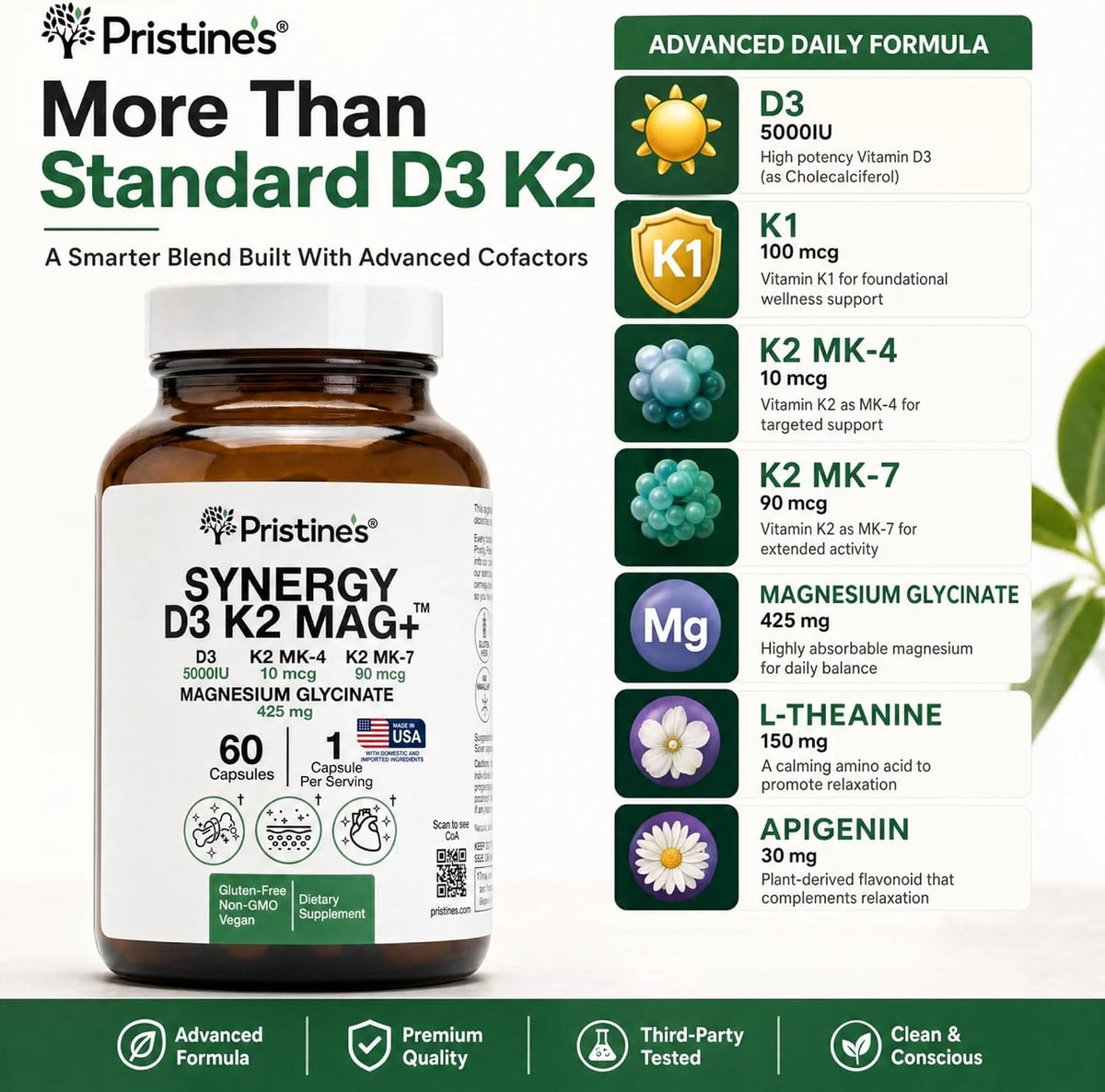 Pristine's NSF Certified Vitamin D3 K2 5000 IU with Magnesium, 60 Caps | Two forms of K2, MK-4 and MK-7, plus apigenin, L-theanine and magnesium glycinate. Non-GMO, gluten-free, NSF Certified.