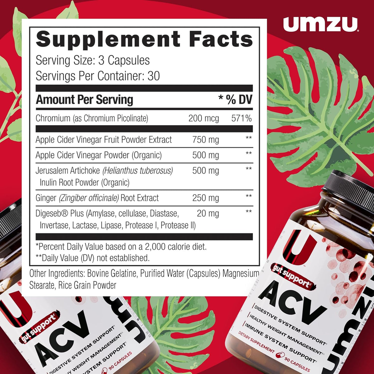 UMZU zuACV Apple Cider Vinegar Capsules, 30 Day Supply | ACV and Inulin Prebiotic Fiber Blend, Gut Health Support, Digestive Health, Daily Wellness and Microbiome Balance