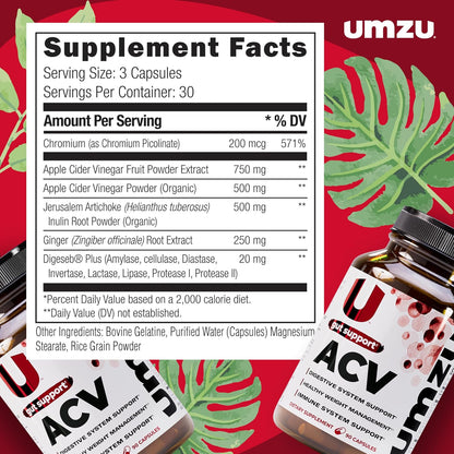 UMZU zuACV Apple Cider Vinegar Capsules, 30 Day Supply | ACV and Inulin Prebiotic Fiber Blend, Gut Health Support, Digestive Health, Daily Wellness and Microbiome Balance