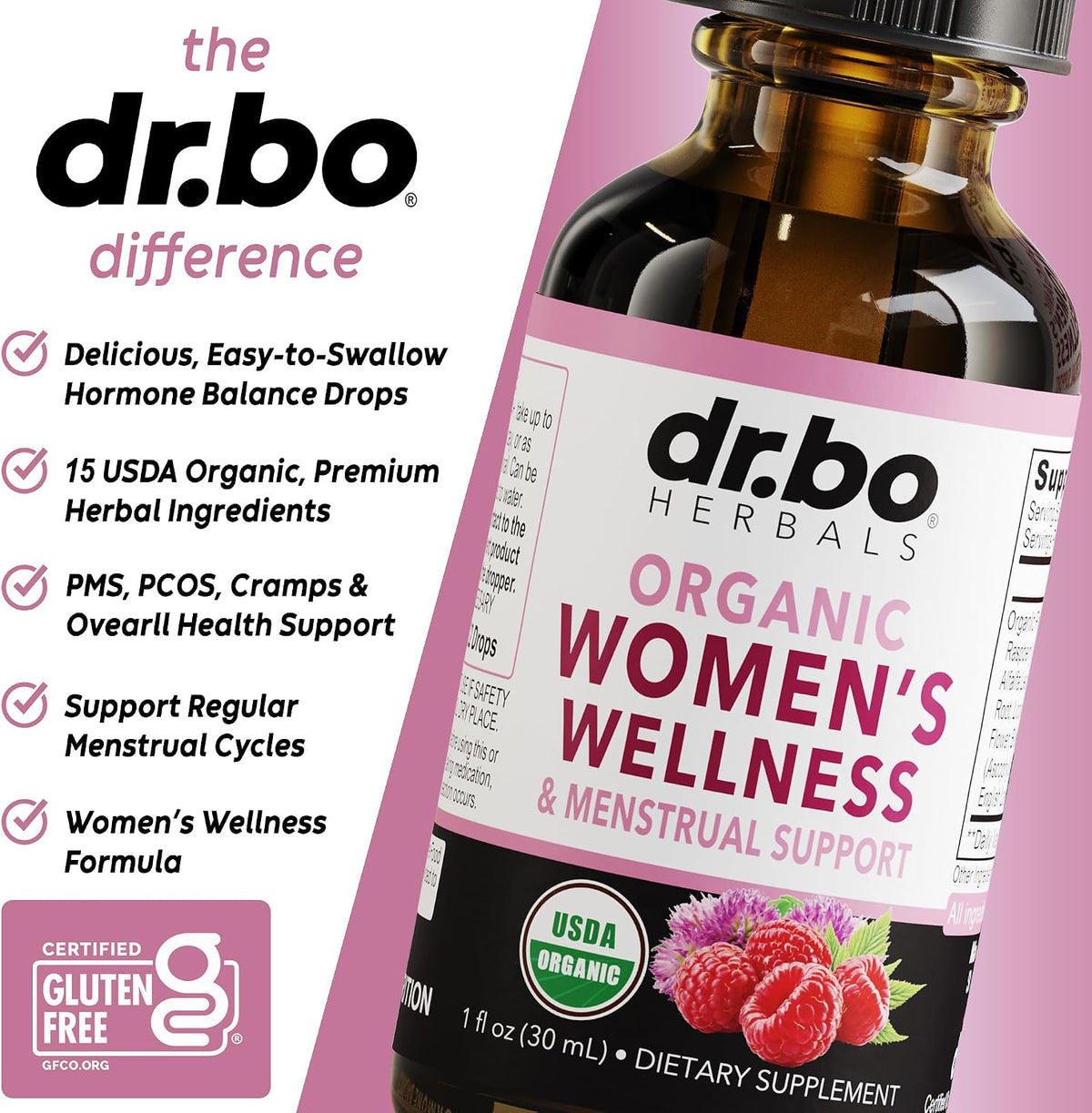 Hormone Balance for Women & PMS Relief - Women's Wellness Organic Hormonal Balance Supplements Liquid Drops & Menstrual Cramp Period Support - Raspberry Leaf, Chasteberry, Black Cohosh Supplement 1 Oz
